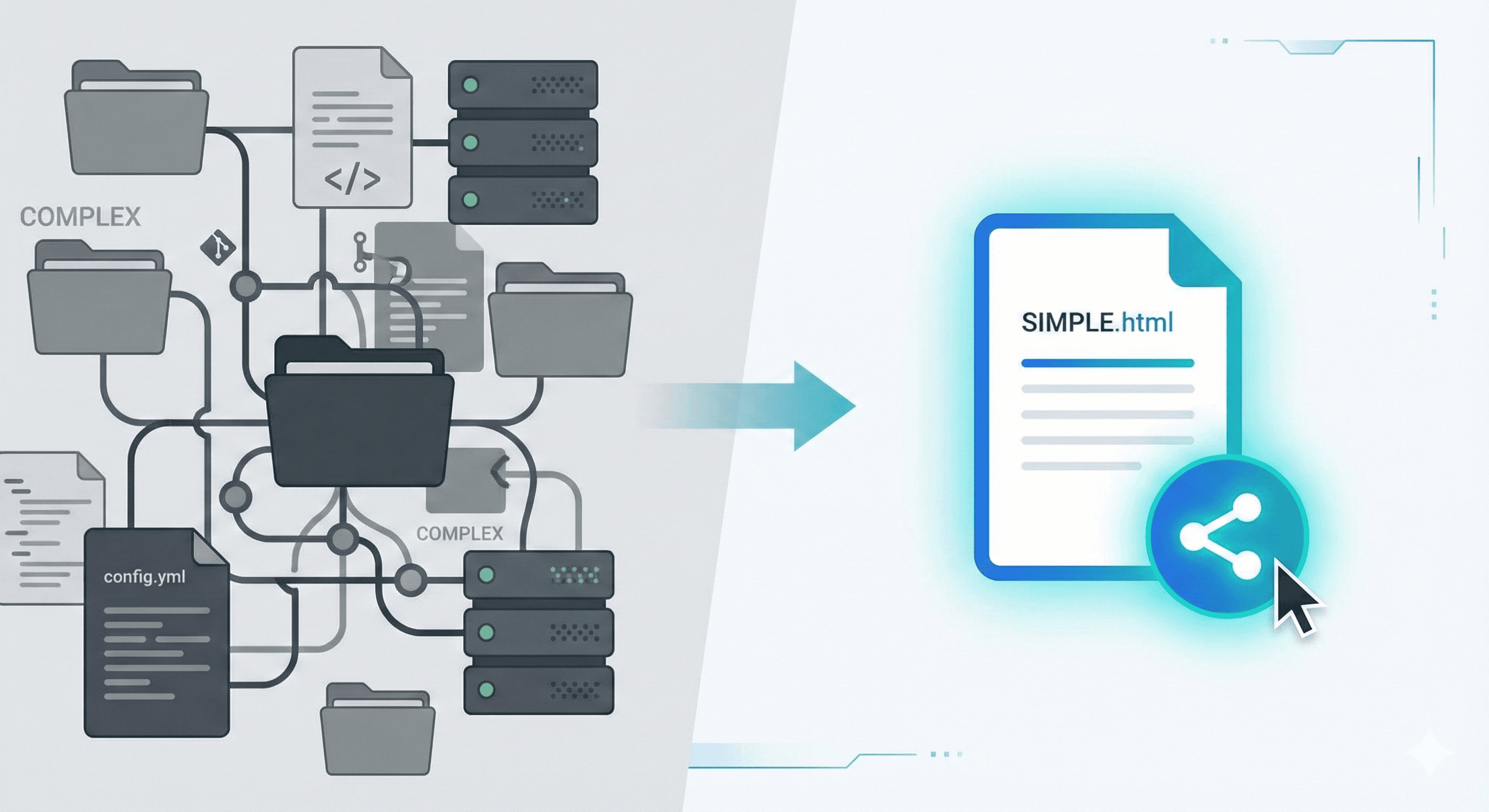 Illustration comparing HTML sharing platforms - showing code transformation into shareable links