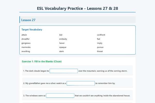 ESL Vocabulary Lessons 27-28