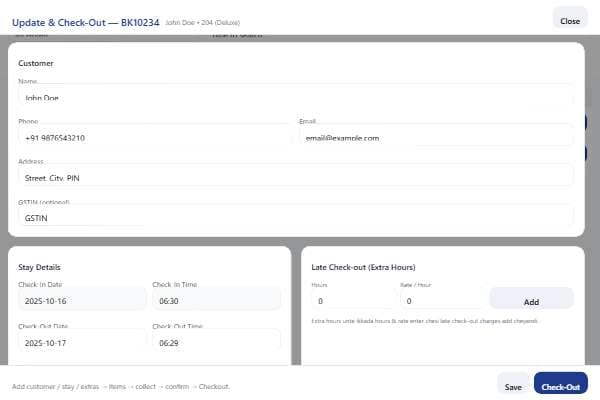 Check-Out — Side-by-side Extras + Print Invoice